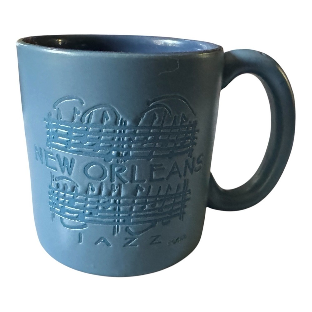 New Orleans Jazz Oversized Blue Ceramic Mug Embossed Music Notes Souvenir Cup